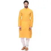 Men's Plain Yellow Kurta with White Chudidar Pjami Comfortable trending set