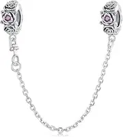 [luvhaha] Rose Safety Chain Charm with 2 Rubber Spacer Stoppers, 925 Sterling Silver Beads, Fit Pandora Charms Bracelet for Women