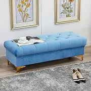 Velvet Storage Ottoman Bench,Premium Upholstered Storage Bench Seat,Modern Home Bedroom Living Room Hallway Footstools Shoe Bench Multifunction Benches-Blue 60x45x40cm(24x18x16inch