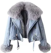 [TangDao] Women’s Winter Jacket, Fuzzy Cropped Denim Jean Jacket with Removable Faux Fur Liner Warm Parka Coat