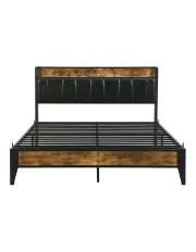 [IHOMDEC] Double Size Metal & Wood Bed Frame in Dark Brown