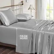 Vonty California King Satin Sheet Set - Extra Deep Pocket (18-24 Inch), Cooling & Silky Silver Grey Satin - 4 Piece Set