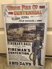 REPRODUCTION UNION FIRE CO 1789-1889 CENTENNIAL TIN SIGN 16"x10" FIREMAN'S BALL