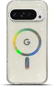 for Google Pixel 9 Pro XL Case 6.8" Compatible with Magsafe Magnetic Bling Glitter Clear Shiny Sparkle Holographic Laser Luxury Military-Grade Shockproof Protect Soft Acrylic Phone Cover for Women