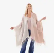 NEW Soia & Kyo Woven Scarfigan Wrap Shawl Poncho OS Ivory Mauve Fringe NWT