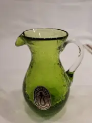 Vintage~Pilgrim Glass~ Green Crackle Glass~Mini 4” Pitcher~Hand Blown(Hth)