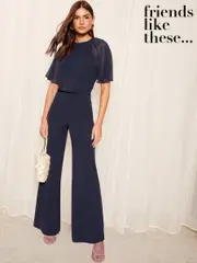 Friends Like These Navy Blue Chiffon Flutter Sleeve Wide Leg Jumpsuit (B02090) | $93