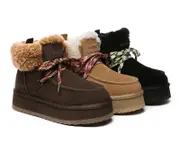 EVERAU® UGG Boots Women Sheepskin Wool Lace Up Ankle Platform Honour - Black / AU Ladies 5 / AU Men 3 / EU 36