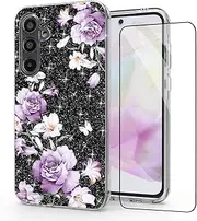for Samsung Galaxy A35 5G Case,Samsung A35 5G Phone Case,Tempered Glass Protector and Lustre Pattern-Sparkle 3 in 1 Clear Shock Absorb Case(Purple - Floral, for Samsung Galaxy A35 5G)