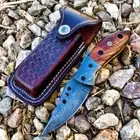 7" Damascus Blade & Wood Handle Folding Knives Handmade with Sheath