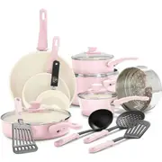 Grip Healthy Ceramic Nonstick, 16 pc Cookware Pots and Pans Set, PFAS-Free, Dishwasher Safe, Soft Pink