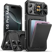 SIXBOX for iPhone 16 Pro Max Case with Card Holder & Kickstand & Slide Camera Lens Cover, Silicone Edge Protection Rugged Heavy Duty Phone Case Cover for iPhone 16 Pro Max 6.9'' 2024, Black