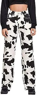 [LYSINK] Y2k Women's Denim Cow Pattern High Waist Straight Leg Jeans Color Block Baggy Trousers with Pocket, A-a-Black, White, L