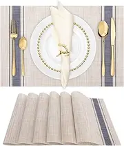 Winknowl Placemats Set of 6, Heat Resistant Stain Resistant Non-Slip Woven Vinyl Insulation Placemats, Washable Durable Elegant Table Mats for Dining (Beige Blue)