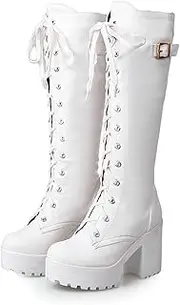[Gikleihwy] Women Knee High Boots, Fashion Lace Up Platform Combat Boots, Winter Retro Buckle Riding Mid Calf Boots for Bar, Dance, Club(White,7.5 US)