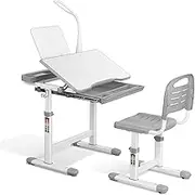 Kids Functional Desk and Chair Set, Height Adjustable Children Study Table with Tilted Desktop Anti-Reflective Tabletop, LED Light, for School Students