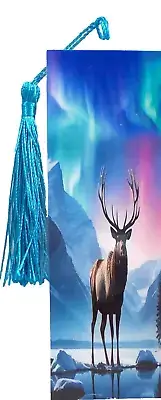 ELK RIDGE/LAKE/AURORA BOREALIS/ UNIQUE EXQUISITE LAMINATED BOOKMARK
