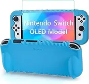 Teyomi Silicone Case Compatible with Nintendo Switch OLED Model 2021, Shockproof Protective Cover with Tempered Glass Screen Protector, Ergonomic Grip Case for Switch OLED, 2 Game Cards Slots (Blue)