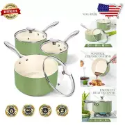 Healthy Cooking Non-Stick Saucepan Set of 3: 1Qt, 2Qt, & 3Qt - Natural Green