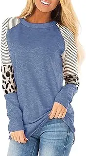 [Basoteeuo] Leopard Print Tops for Women Long Sleeve Crew Neck Patchwork T Shirt Blouse