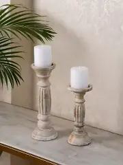 Eco-Friendly Antique White Handmade Mango Wood Set Of Two Candle Holder BBH Home
