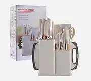All in One Kitchen Utensils Combo: 19Pcs Non-Stick Silicone Kitchenware Set With Knives, Chopping Board, Heat Resistant Cooking Tools (Beige/White)