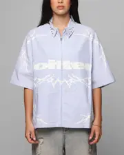 [LOITER] Loiter Cyber Zip Up Short Sleeve Shirt Blue Pin Stripe - Size S S Blue Pin Stripe