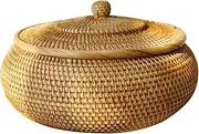 Round Rattan Box,Wicker Fruit Basket with Lid Bread Basket Tray Storage Basket Willow Woven Basket for Bread,
