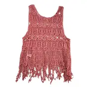 Pretty Angel Women's Crochet Tank Top Pink Fringe Bottom Size Large