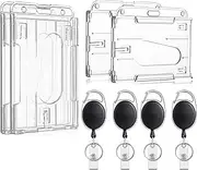 Heavy Duty Retractable Badge Holder with Thumb Slots, 4 Pack Id Card Holders with 4 Badge Reel Clips, Clear Plastic 2-Card Horizontal & Vertical Sleeves with Belt Keychains