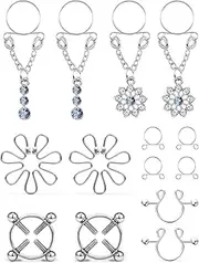 Cisyozi 5Pairs Stainless Steel Fake Nipple Rings for Women Non-Piercing Dangle Nipplerings Faux Body Piercing Jewelry, Metal Crystal, cubic-zirconia