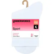 Underworks Ladies Sport Mid Crew Cotton Blend Socks White Size 5-8 3 pack