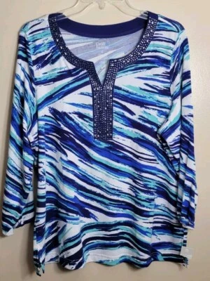 NWT Womans Croft & Barrow Blue Green Colorful Balloon Sleeve Gem Top Size XL