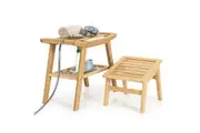 Costway Bamboo Shower Seat Chair Bench Wood Foot Stool Set w/Storage Shelf