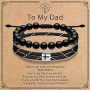J.Endéar Cross Bracelet for Men, Handmade Braided Rope Obsidian Onyx Beads Bracelets Set Adjustable, Christian Baptism Birthday Gifts