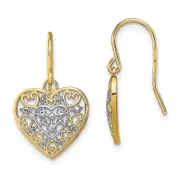 14K Yellow & Rhodium W/Rhodium Polished Filigree Hearts Shepherd Hook Earrings
