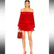 NWT NORMA KAMALI Poly Lyrca Peasant Dress Red Tango Small Revolve