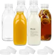 Glass Milk Bottle,6 Pcs 32 oz Glass Juice Water Bottle with Reusable Airtight Screw Lid for Jug Pitcher, Buttermilk, Water, Honey, Tomato Sauce, Jam, Syrup