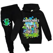 Minecraft Print Kids Tracksuit Set Sports Casual Hoodie Pants Outfits 9-10 Years Black