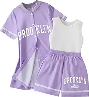 [Hilinker] Girls 3 Piece Outfit Graphic Tank Top Short Sleeve Cardigan with Shorts