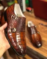 Handmade Tan Crocodile Textured Leather Shoes Double Monk Strap Dress Man Shoes