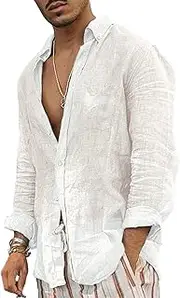 [Hakjay] Linen Shirts for Men Ultrathin Casual Button Down Shirts Long Sleeve Beach Shirt Hawaiian T Shirts for Men