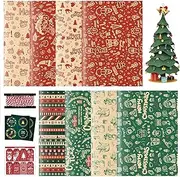 Toptime Wrapping Paper - 8 Sheets With Tags, Stickers, Vintage Xmas Kraft Design, Reindeer, Snowman, Santa Claus - for New Year, Holiday 27.6x19.7in