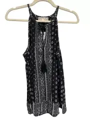 Pink Republic Sleeveless Tassel Tie Boho Top Women Large Black White Bandana NEW