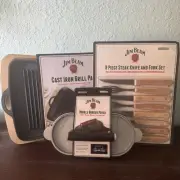 Jim Beam NEW Set Of 3 Cast Iron Pan, Utensils & Double Hamburger Press Gift