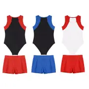 Kids Boys Gymnastic Leotard Bodysuit with Shorts Tumbling Dance Unitard Biketard
