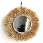Handmade Boho Raffia Mirror Wall Hanging Decor Rustic Boho Circle Acrylic Mirror