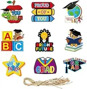 Kindergarten Graduation Tags, 9 Pieces Congrats Grad Paper Pendants, 3.14 x 3.93 Inches Fine Craftsmanship, Easy Installation with String for Celebration Decor, Preschool Classroom