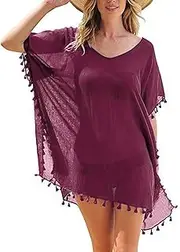 [BISHUIPO] Kaftan Bikini Beach Tops Swimwear Women's Trim Loose Up Cover Chiffon Tassels Plus Size Swim Suits for