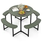 Costway 95cm Round Picnic Table Bench Set w/Umbrella Hole Patio Outdoor Dining Camping Table & Chairs Green
